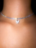 (Silver) Single White Butterfly Pearly Choker - ShopStarCrew