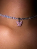 (Silver) Single Pink Butterfly Pearly Choker - ShopStarCrew