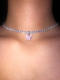 (Silver) Single Pink Butterfly Pearly Choker