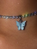 (Silver) Single Blue Butterfly Pearly Choker - ShopStarCrew